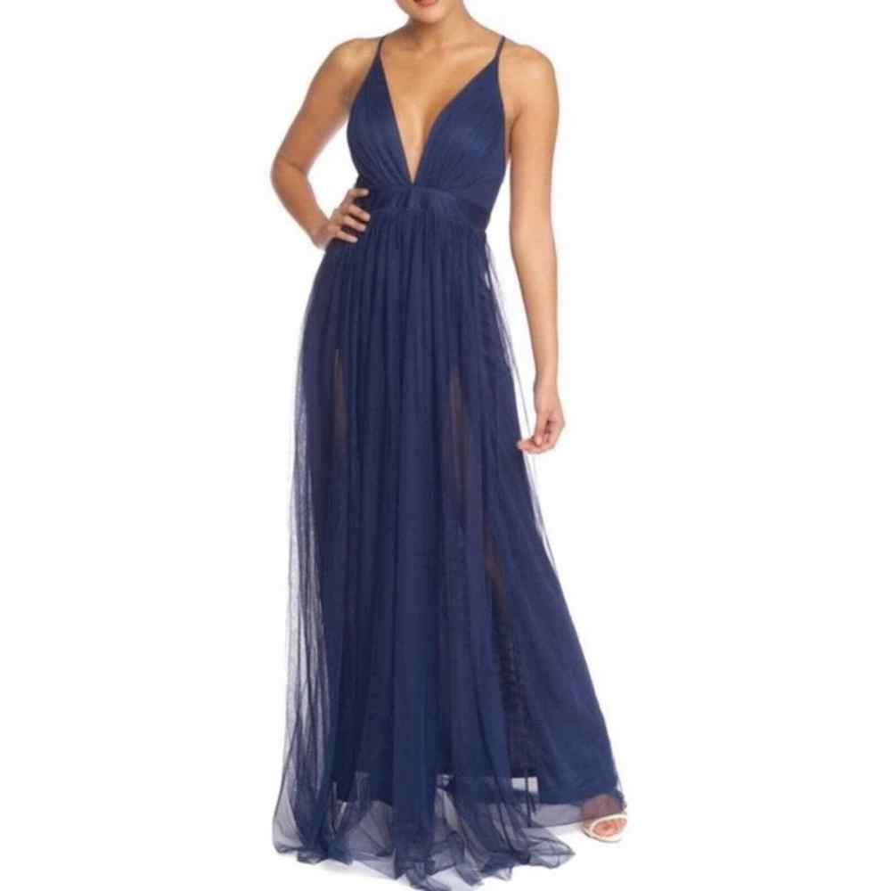 Luxxel Navy Blue Tulle Sexy V Neck Dress Maxi